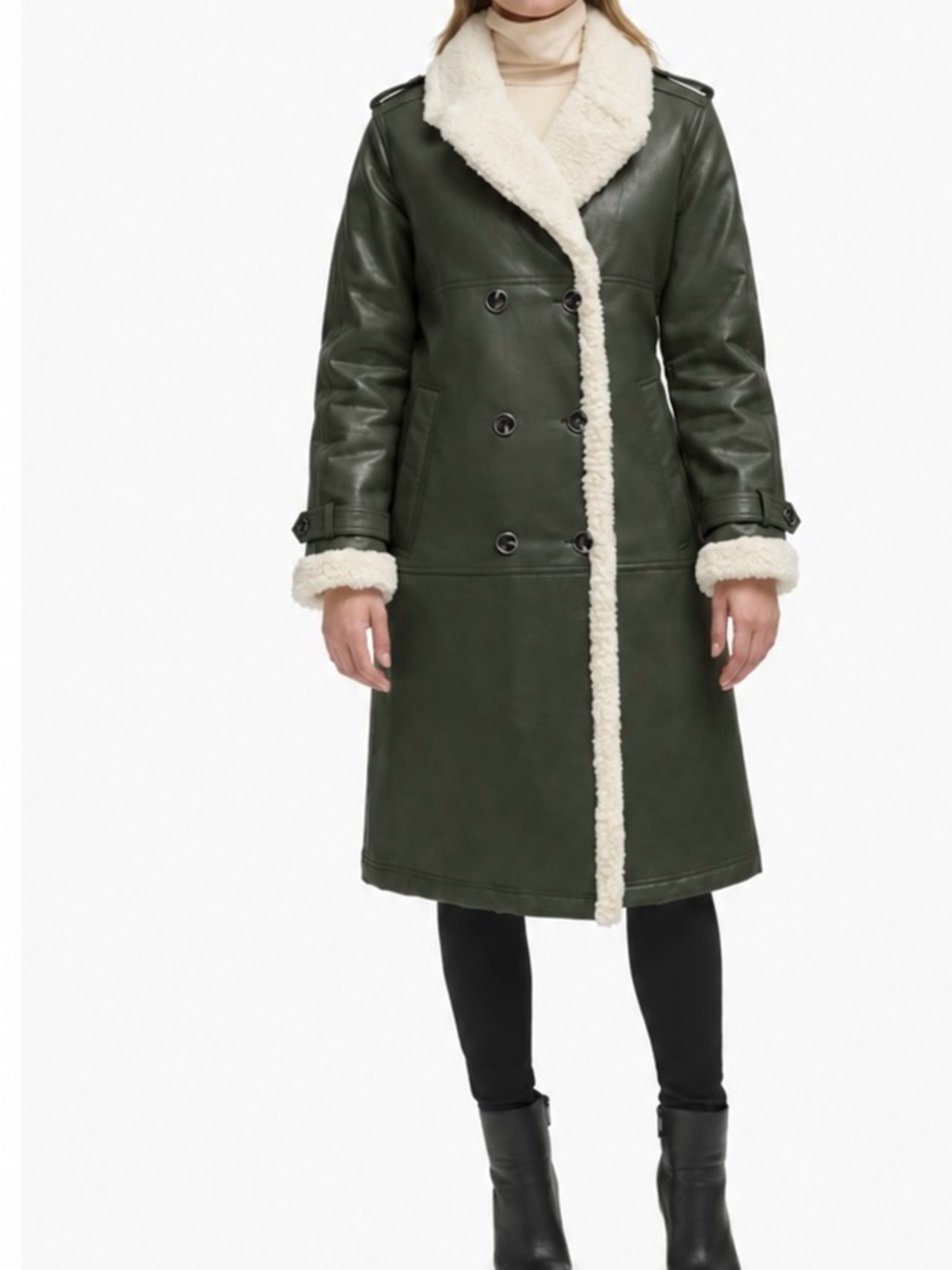Kenneth Cole Faux Leather Shearling Trench Coat XL Dark Olive